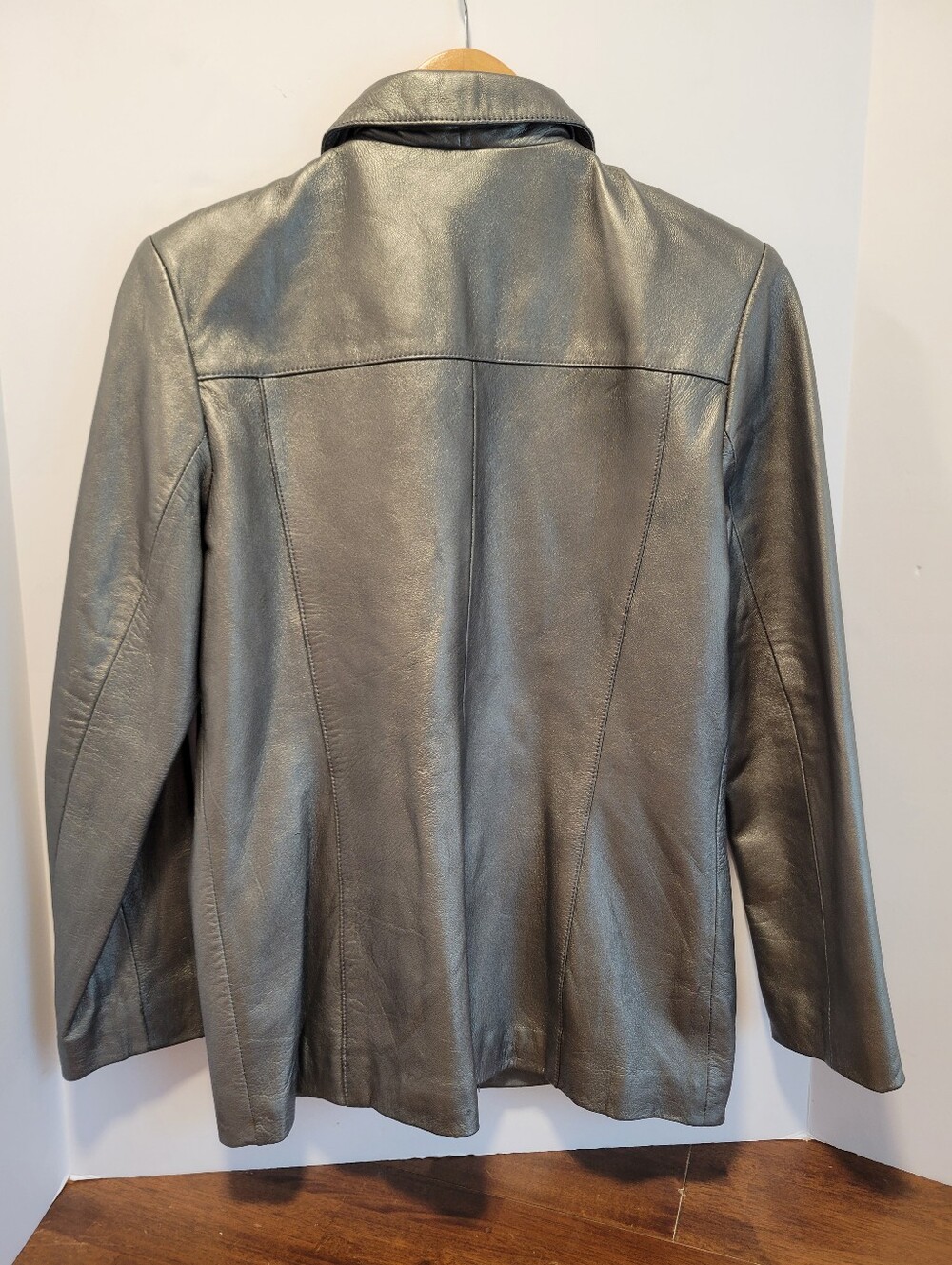 VTG Alfani Sz S Metallic Silver Genuine New Zealand Lamb Leather Zip Jacket Y2K - Picture 9 of 11